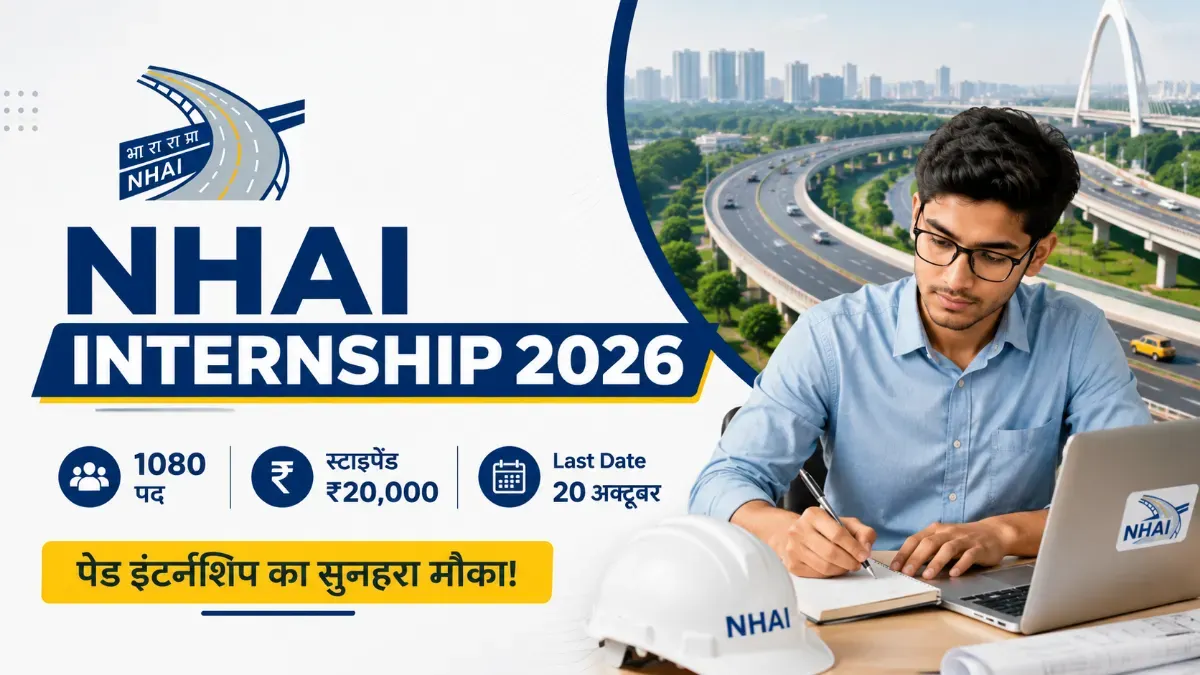 NHAI Internship 2026: 1080 पदों पर पेड इंटर्नशिप, स्टाइपेंड ₹20,000, Last Date 20 अक्टूबर